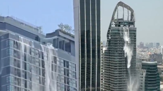 Pool water from high-rises in Thailand and China spills onto roads.